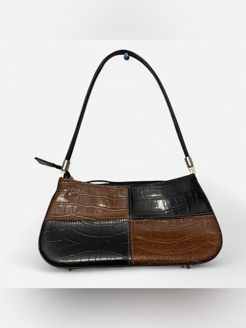 Black and Brown Croc-Embossed Patchwork Shoulder Bag